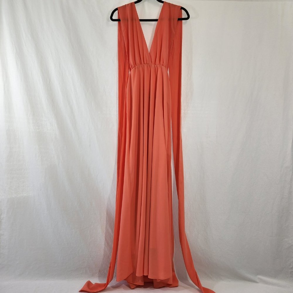 V-Neckline Long Prom Dress  by Studio F Size 8 Coral Color 85% Poly. Worn Once! - Picture 2 of 16